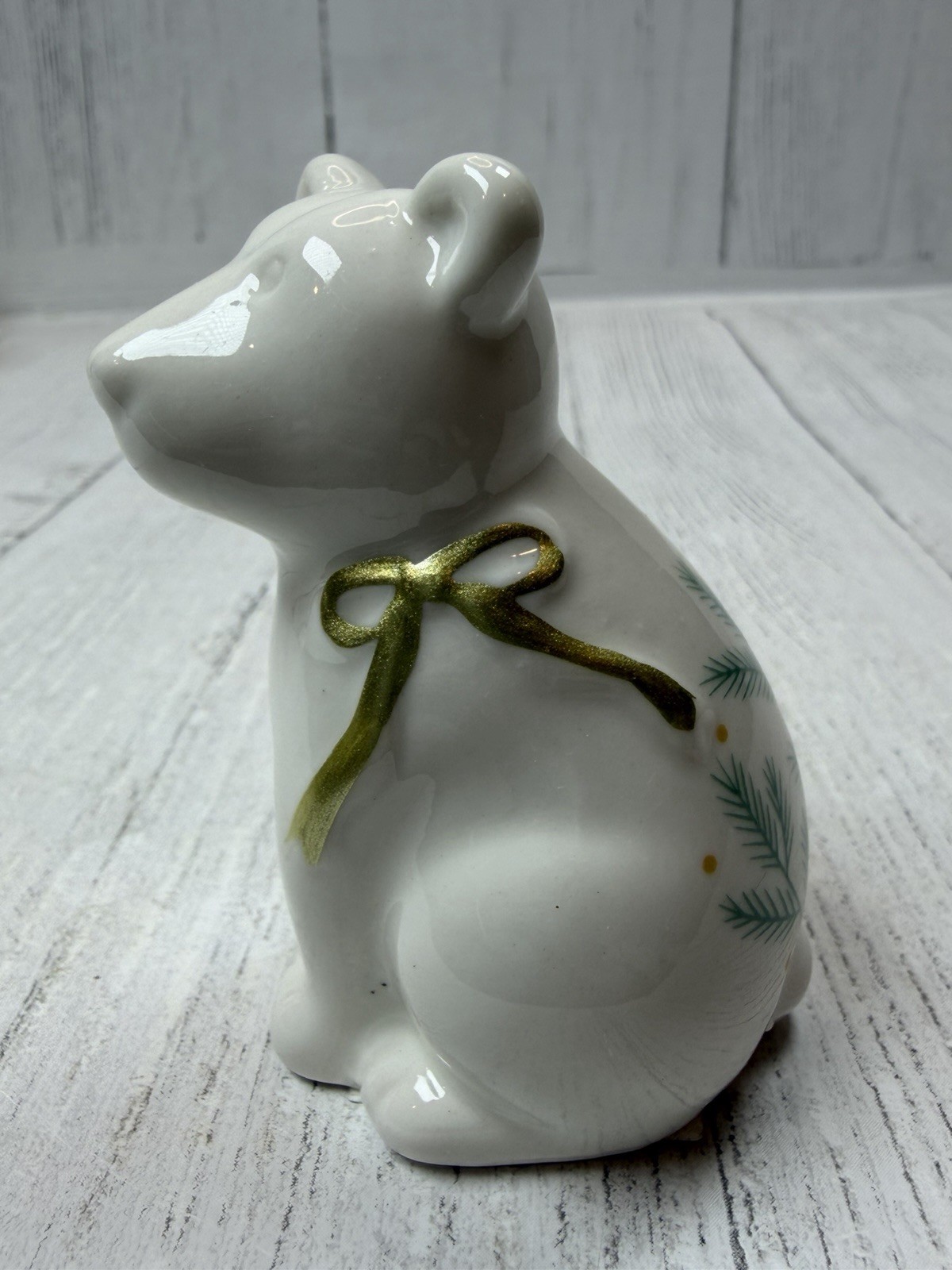 Small Ceramic Bear Mini Figurine Holiday Christmas Decor White Gold Bow