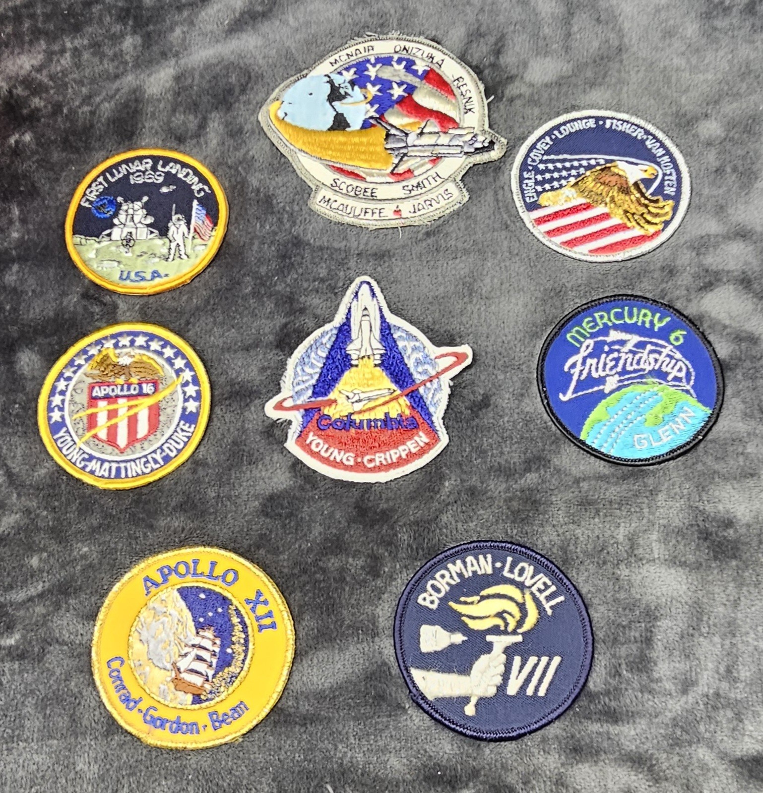 Lot Of 8 Vintage NASA Patches Space Shuttle Columbia Apollo 16 XII USA