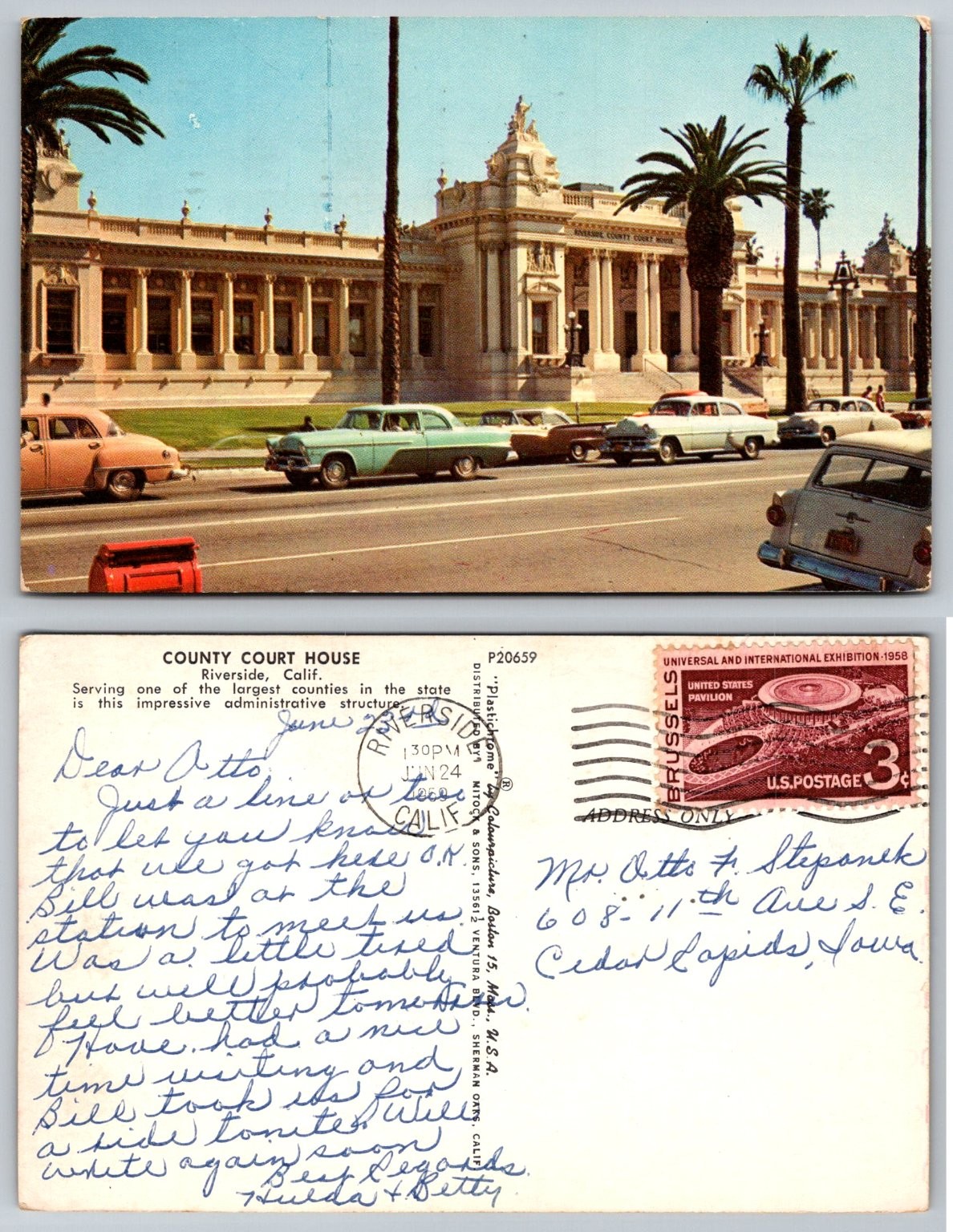 1959 Riverside CA County Court House Postcard Vintage Cars Mitock & Sons