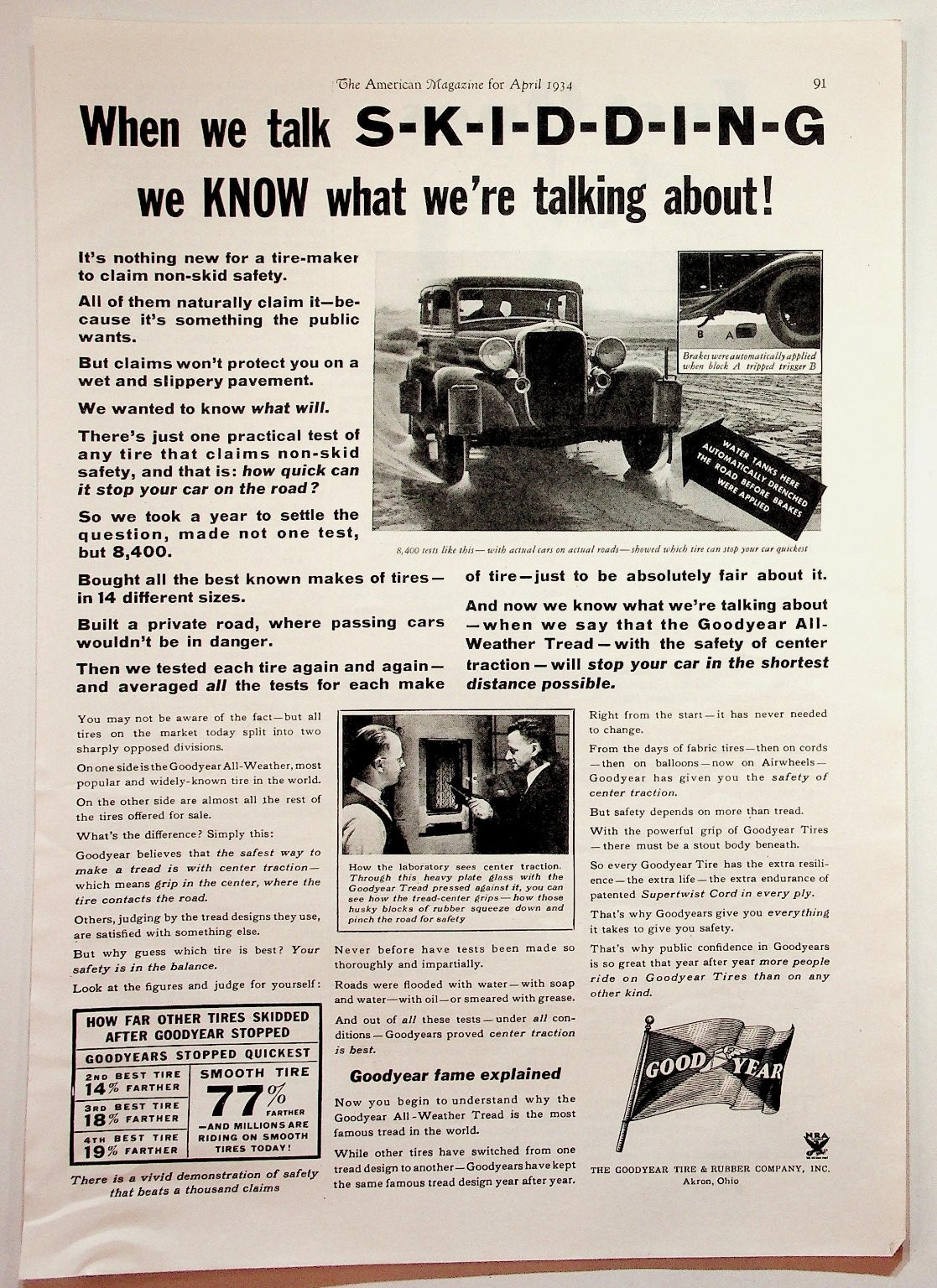 Goodyear 1934 Original Print Advertisement Skidding Safety 8x11