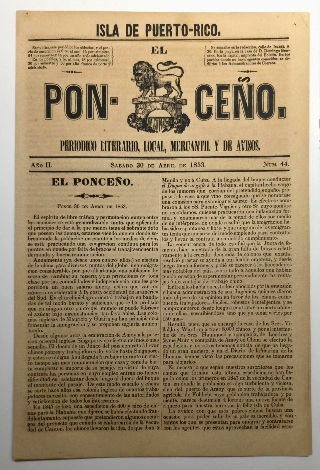 ANTIQUE NEWSPAPER / EL PONCENO / PONCE PUERTO RICO 1853 VERY RARE