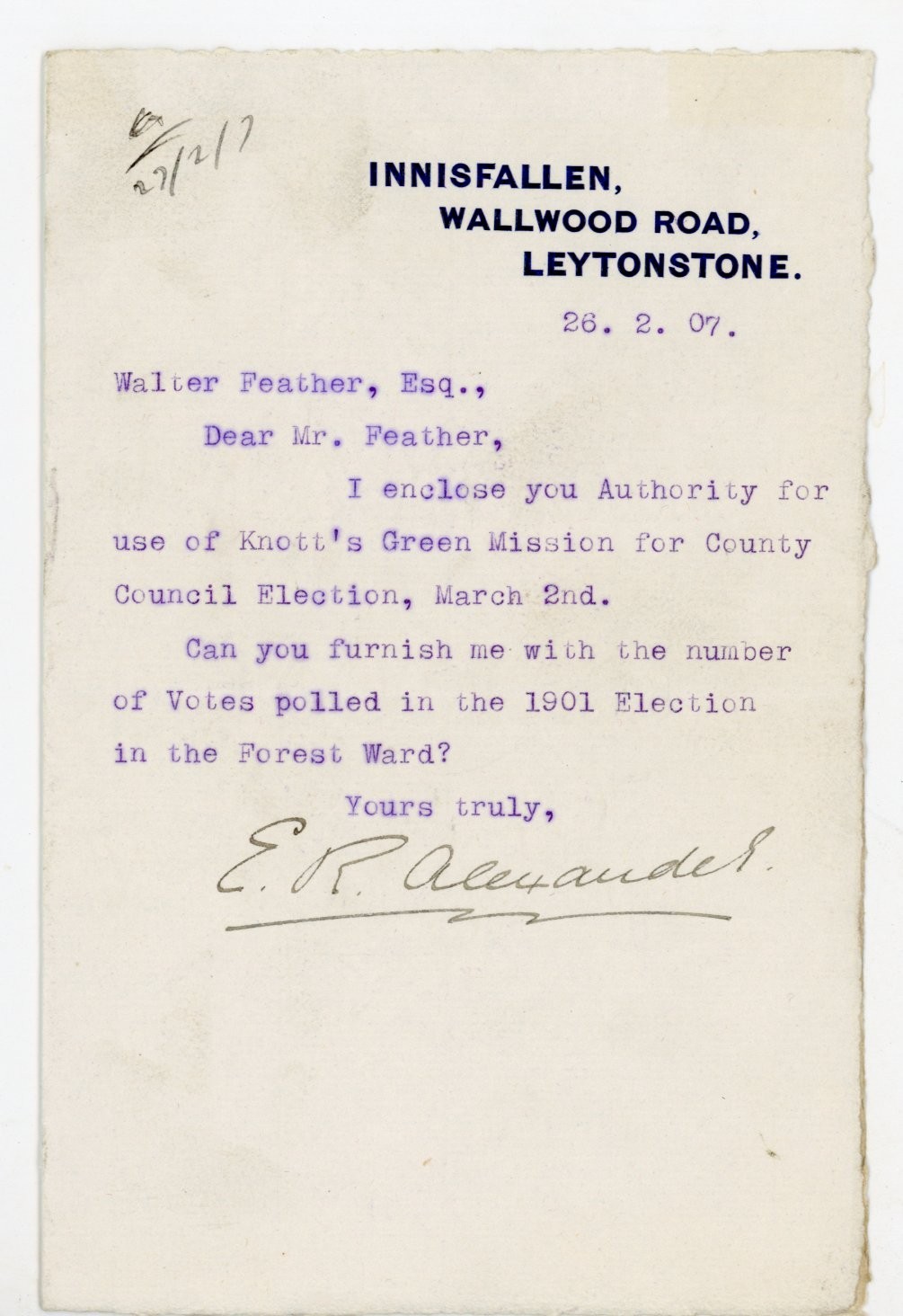 1907 Leytonstone London Political Letter Knott's Green Signed ER Alexander