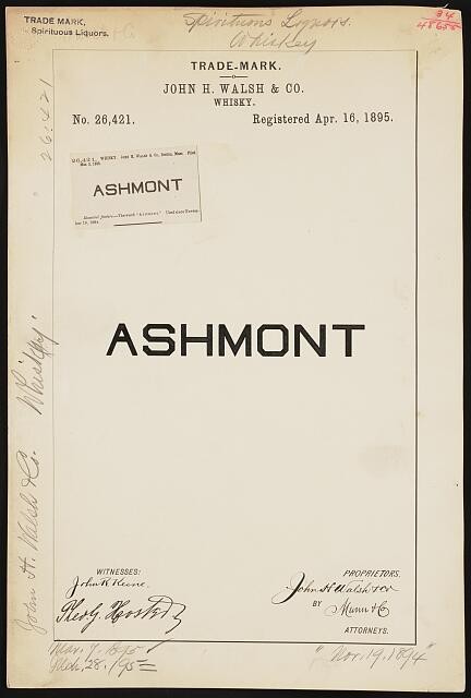 Photo:John H Walsh Co Ashmont Whisky Trademark 1895 Spirits Liquor