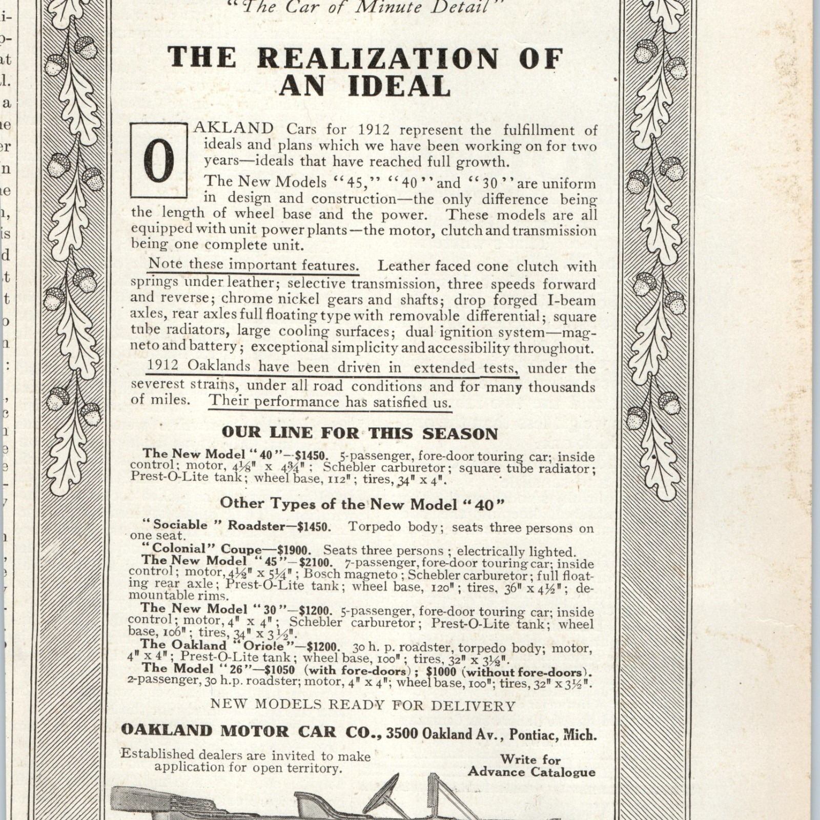 1912 Oakland Model 40 45 30 Oriole Car Print Ad Pontiac MI Touring Roadster