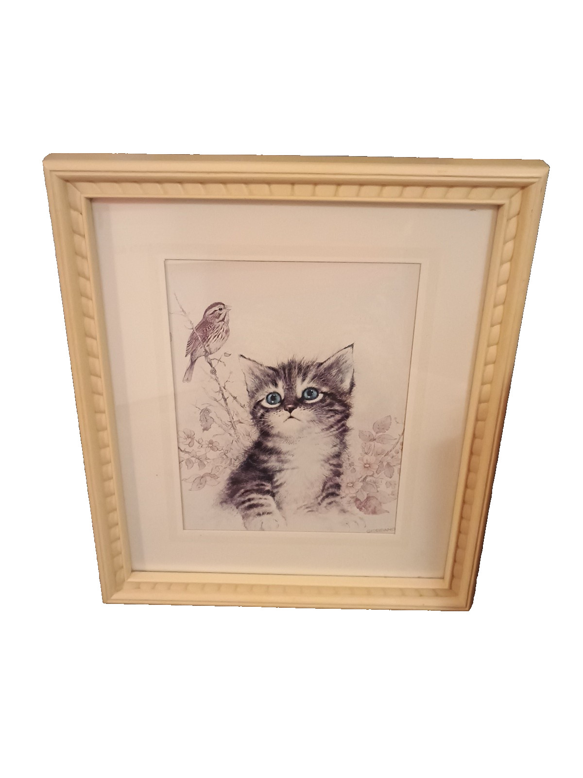 Vtg 1987 SYROCO Homco 3216 FRAME Mat ART PRINT Kitten CAT Finch BIRD 15.5x13.5\