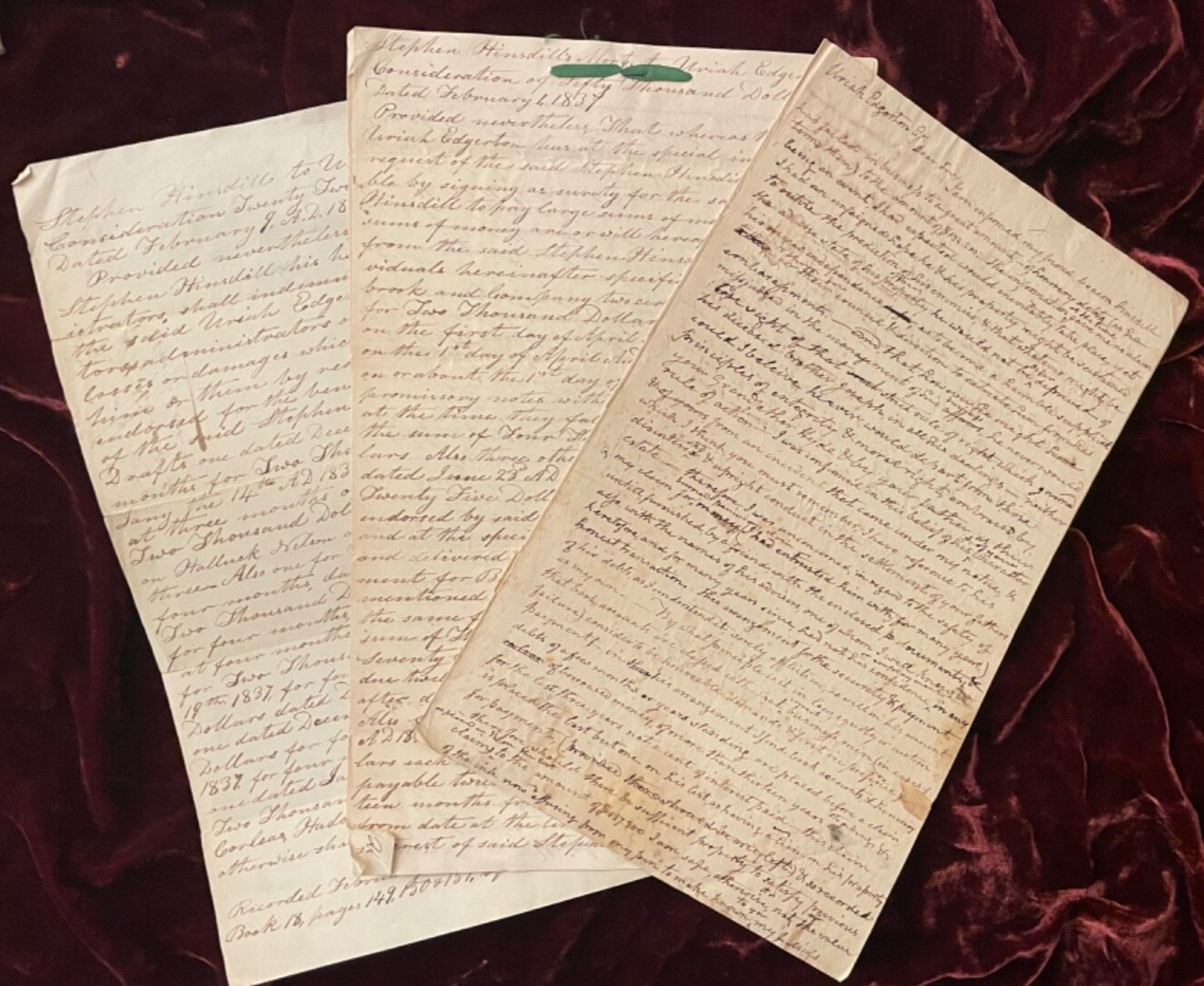 1837 BENNINGTON VERMONT MANUSCRIPTS STEPHEN HINSDILL URIAH EDGERTON Complex Loan