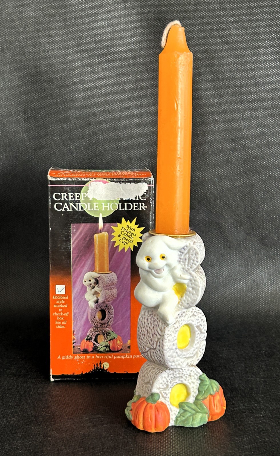 Vintage 1990s Fun World Eerie Effects Creepy Candle Holder Ghost Pumpkin Boxed