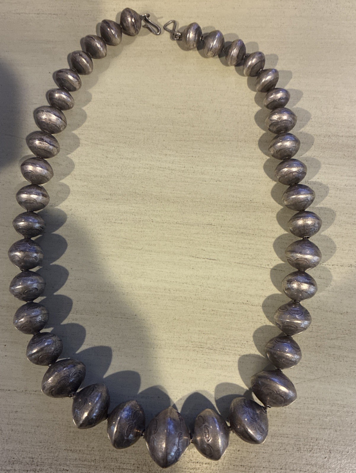 Vintage 18” Navajo Pearl Necklace Hand Stamped Silver Beautiful 73 Grams