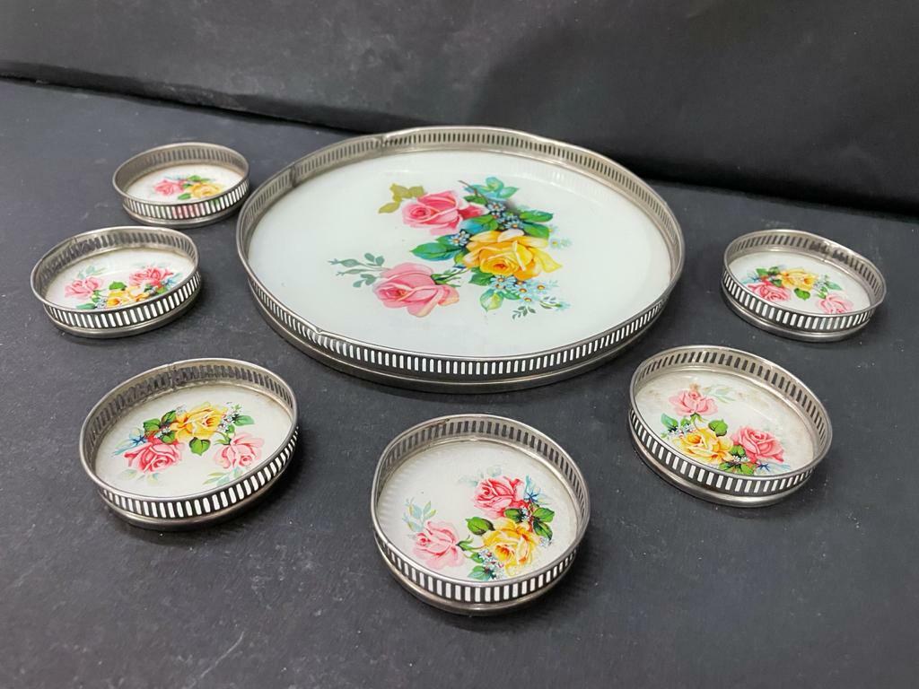 OLD VINTAGE ANTIGUE TRAY AND COASTER SET GLASS PAINTED  MARK IS JAPAN