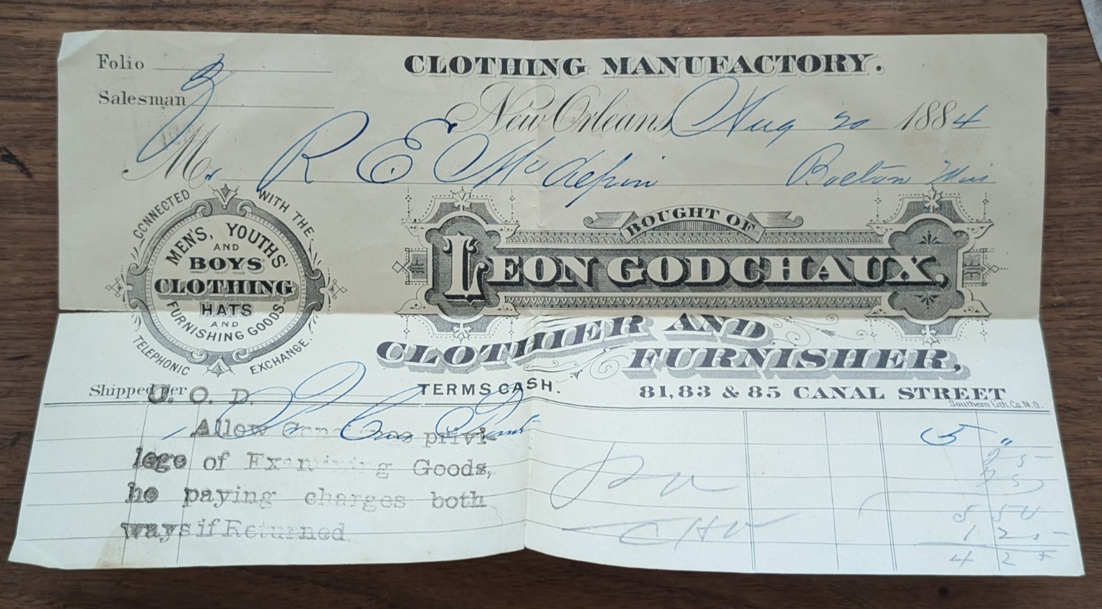 ANTIQUE 1884 LEON GODCHAUX PAPER SALES SLIP CANAL ST NEW ORLEANS BOLTON MS RARE