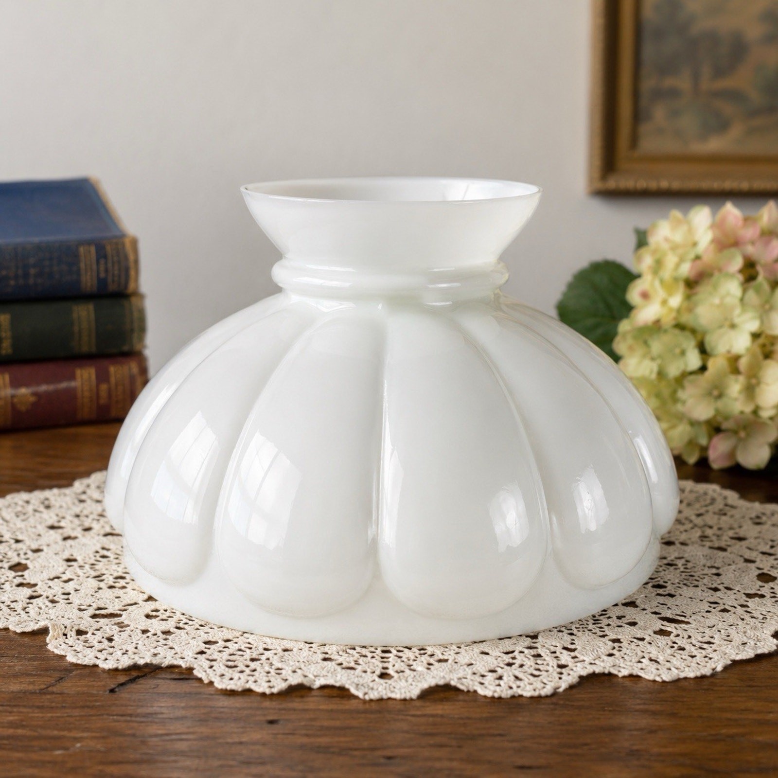 Vintage White Milk Glass Lamp Shade Ribbed Melon Globe 10”