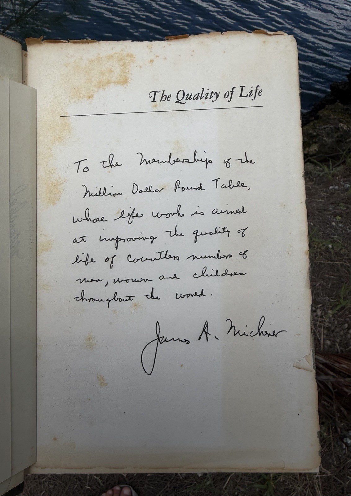 QUALITY OF LIFE BOOK SIGNED BY JAMES MICHENER - MILLIONS DOLLAR ROUND TABLE