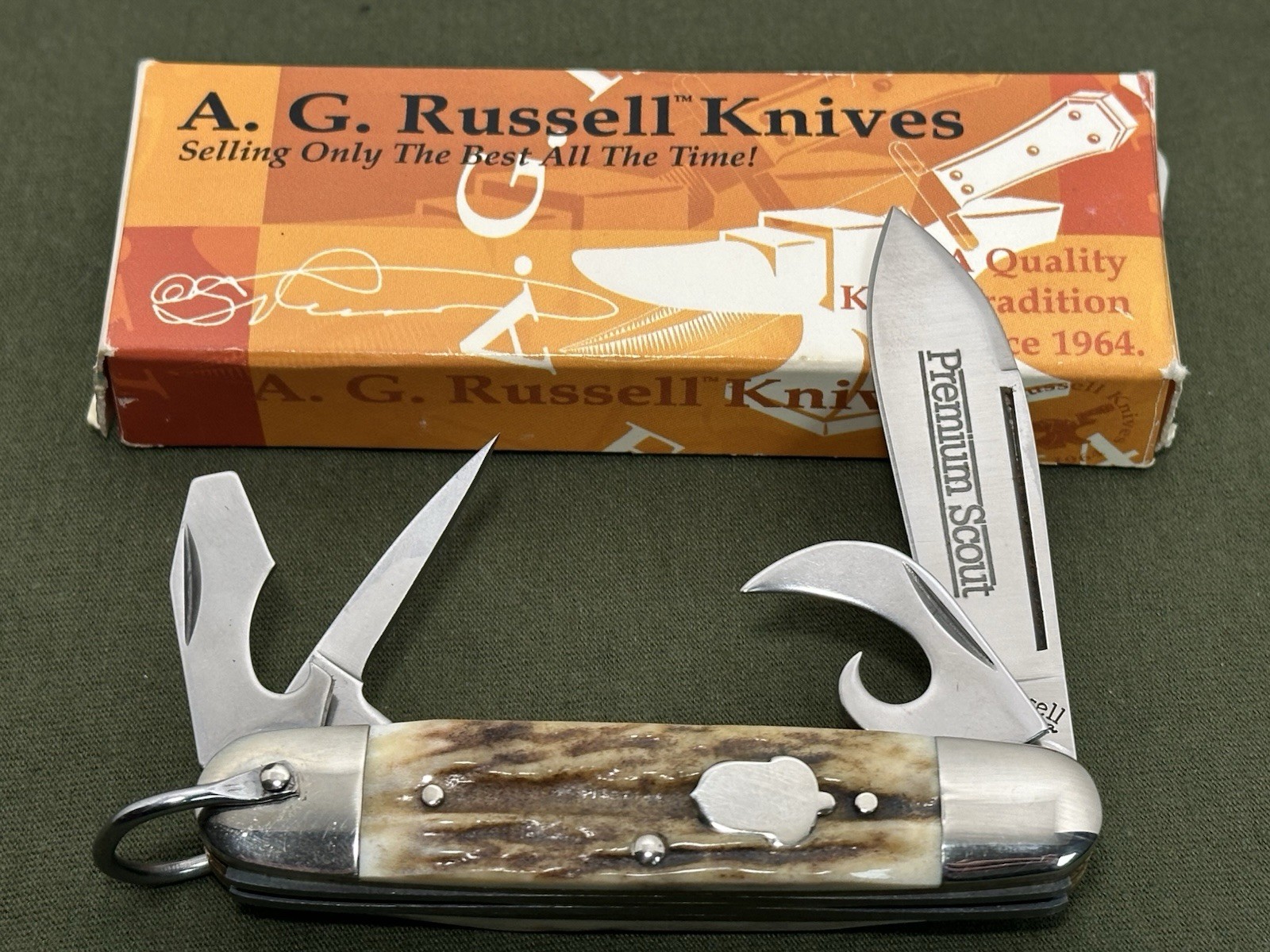 2004 A.G. Russell 4 Blade Premium Scout Knife India Stag Handles, 154CM Blade