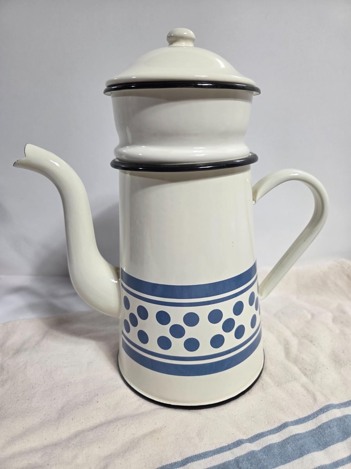 VTG 4pc Cafetiere French Drip Enamelware Drip Coffee Pot Blue Dot Design NICE