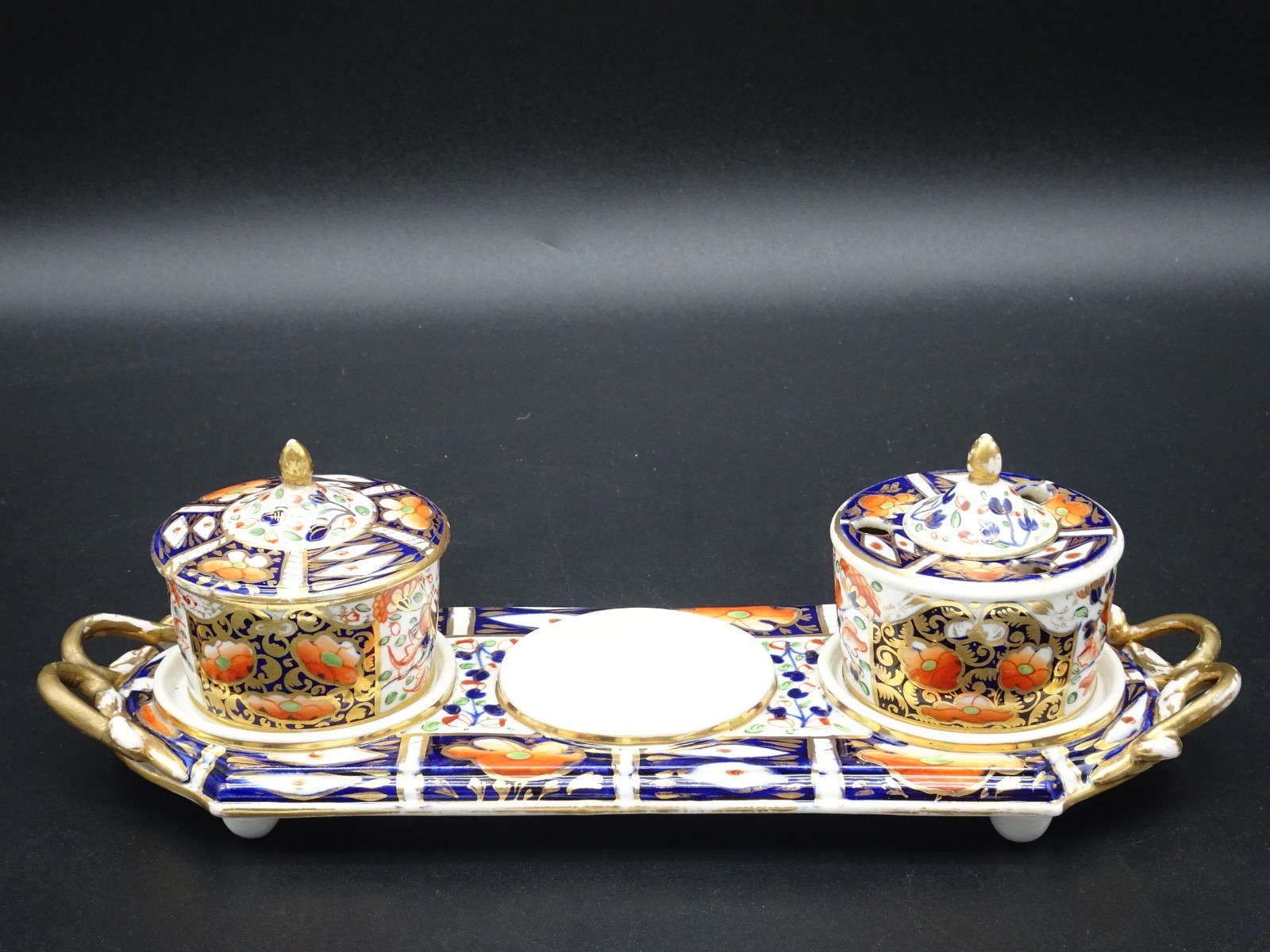 ANTIQUE ROYAL CROWN DERBY IMARI DOUBLE INKWELL SET NOTTINGHAM ROAD 1806-1825