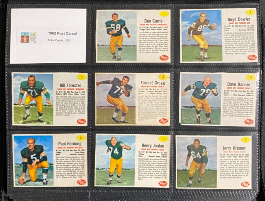 FOOTBALL CARDS: 1962 POST CEREAL GREEN BAY PACKERS 14 of 15 CARDS (MISSING #15)