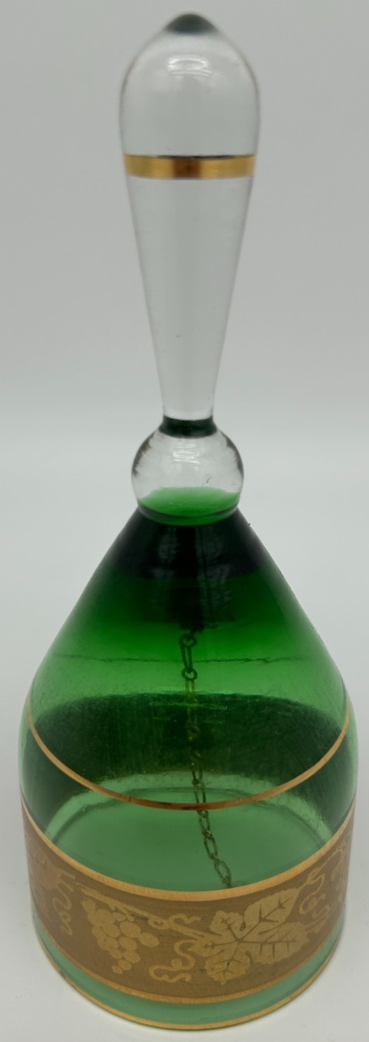 Green Glass Bell with Gold Grape Pattern Trim~Decorative Glass Bell