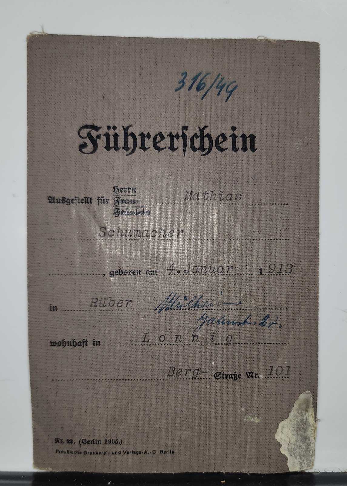 1938 German Führerschein Driver\'s License Mathias Schumacher Mayen Rhineland