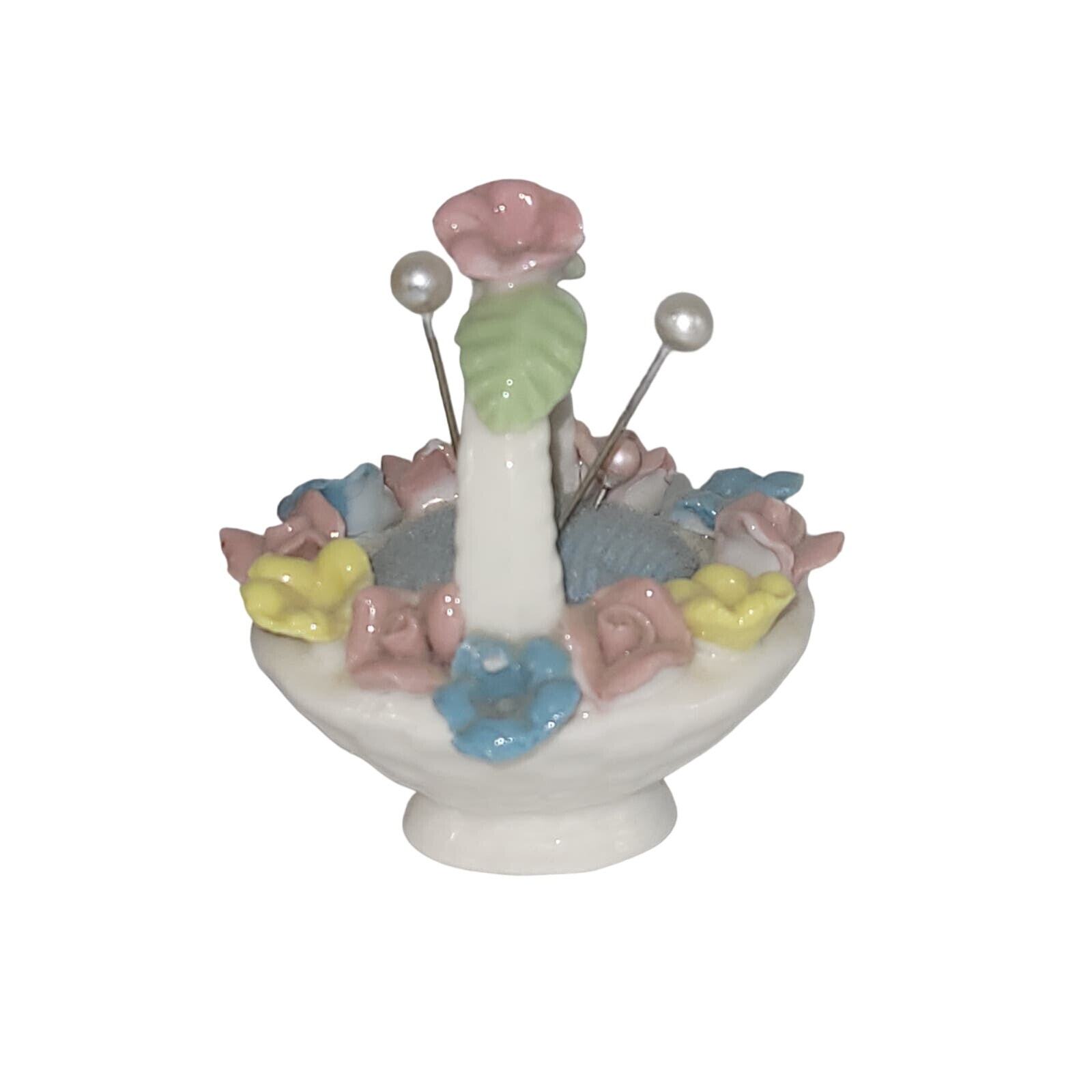 White porcelain basket ~ pastel flowers ~ 3D ~ Pincushion ~ small
