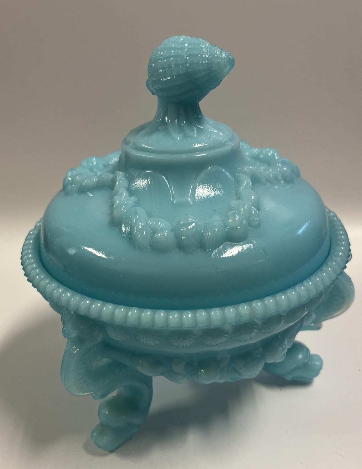 Westmoreland Blue Milk Glass Argonaut Footed Candy Trinket Serving Dish 6.5” Tal