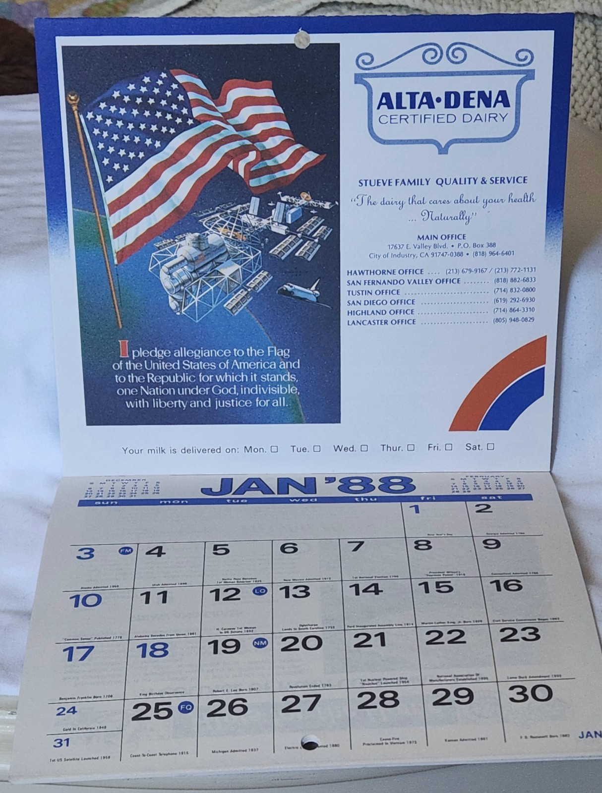 Alta-Dena Altadena California Certified Dairy 1988 Advertising Calendar Unused