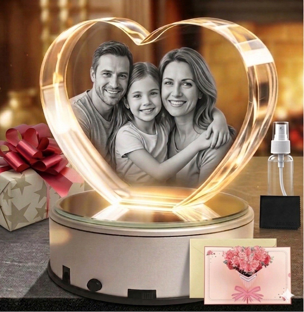 Large Heart 3D Crystal w/ Rotating LED Base, Custom Photo Gift for Mom，Memorial