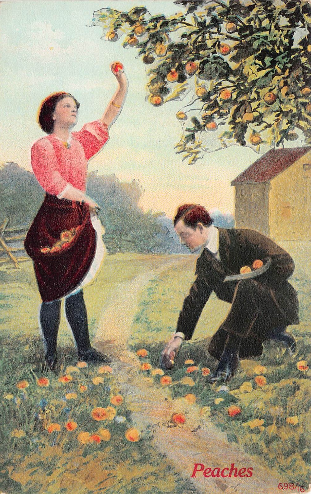 Romance Love Valentines Day Peaches Picking Orchard Grove Skirt Vtg Postcard A57