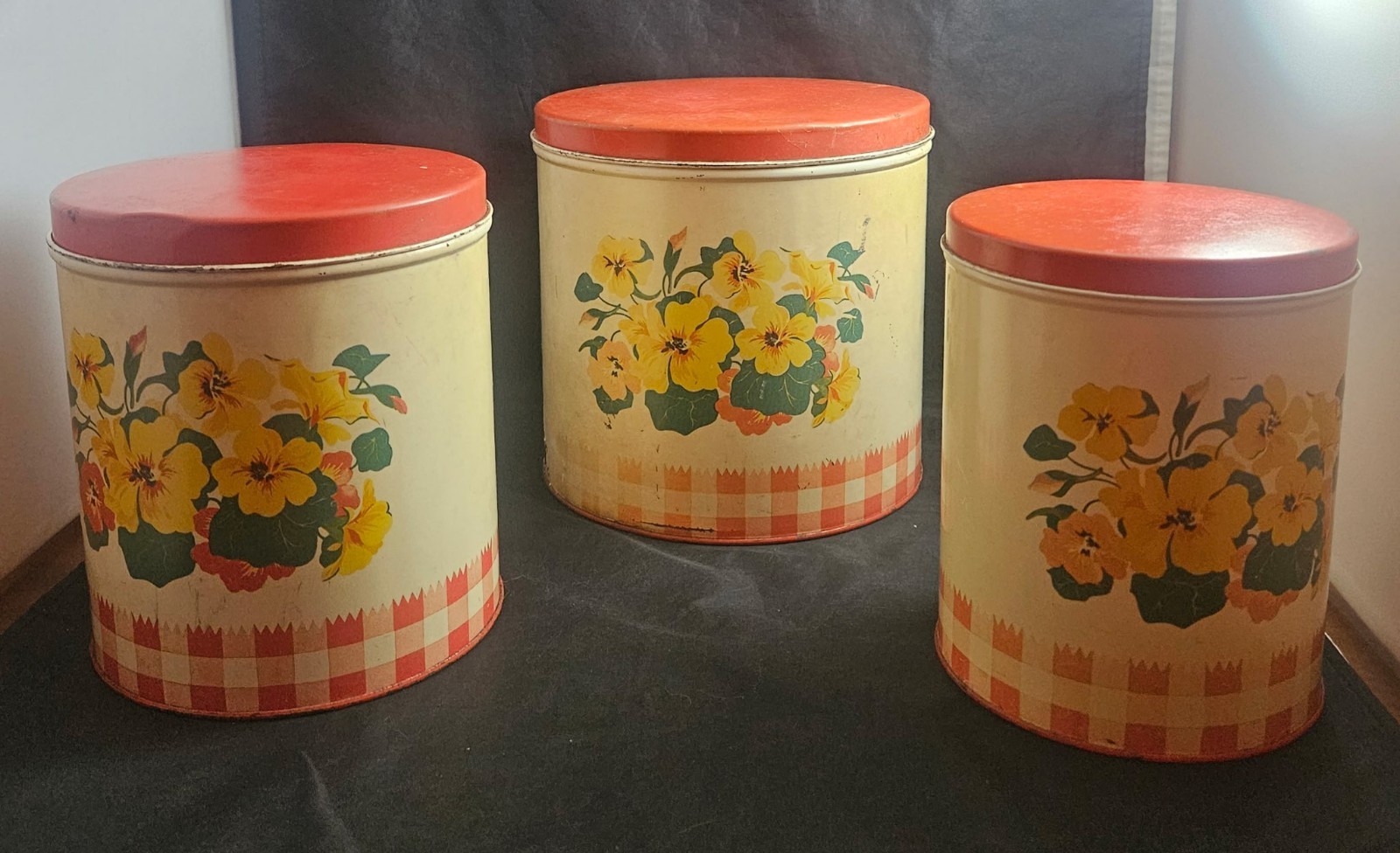 Vintage Tin Nesting Canister Set of 3 Red Gingham 1940s 195os Cottagecore
