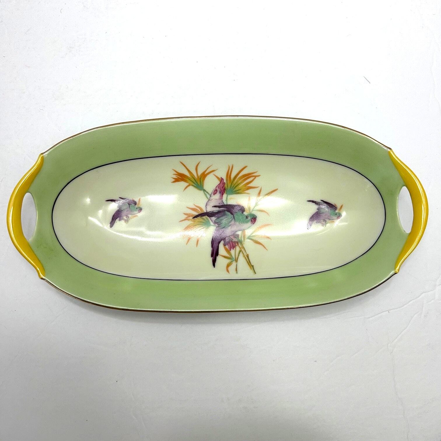 Antique 1920\'s Moschendorf Bavaria Green Yellow Birds Platter/Celery Dish