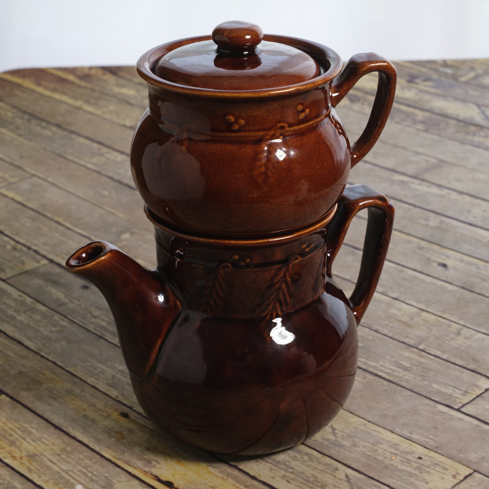 Vintage Brown Pottery USA Drip-O-Lator Dripolator Coffee Pot Complete