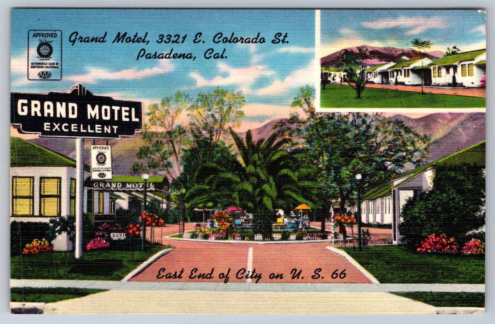 c1940s Grand Motel Pasadena CA Route 66 Postcard