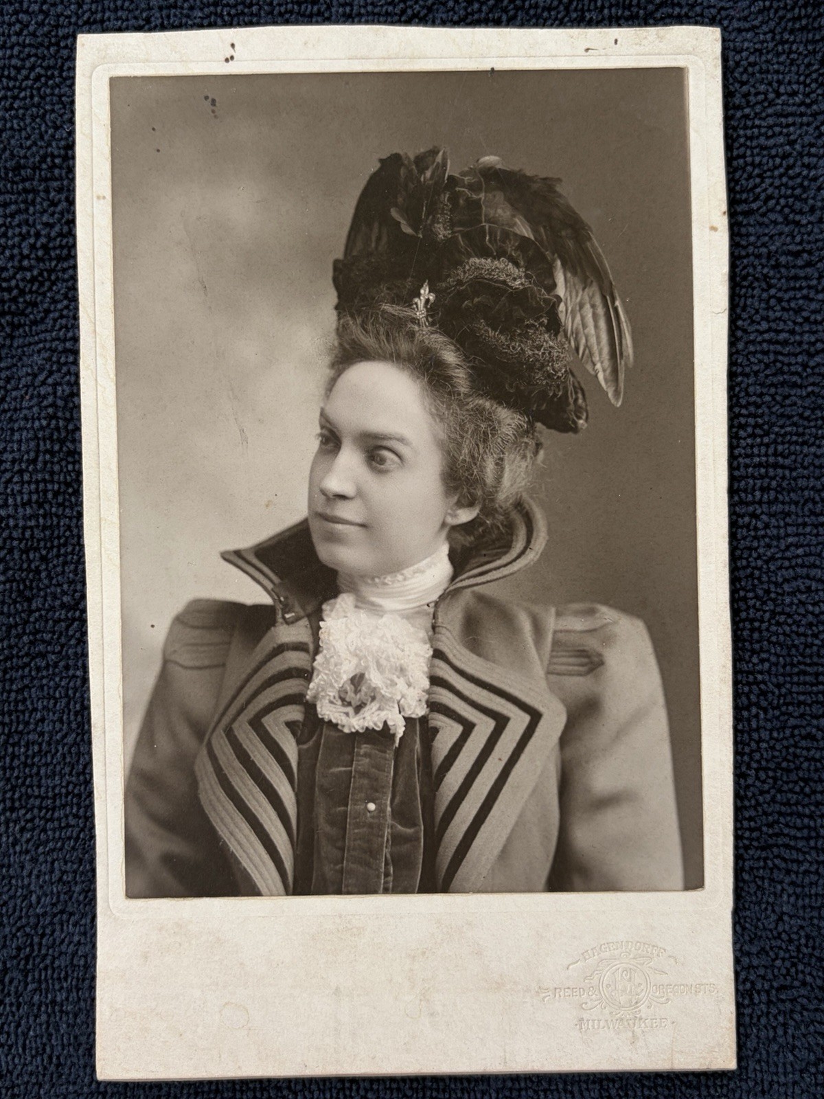 Victorian Era Cabinet Card Bird Hat Taxidermy Fashion Beautiful Woman Pea Coat