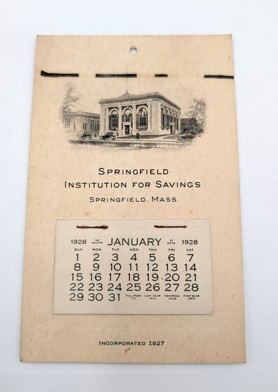 Vintage 1928 Springfield Institution Savings Bank Wall Calendar Ads Cars