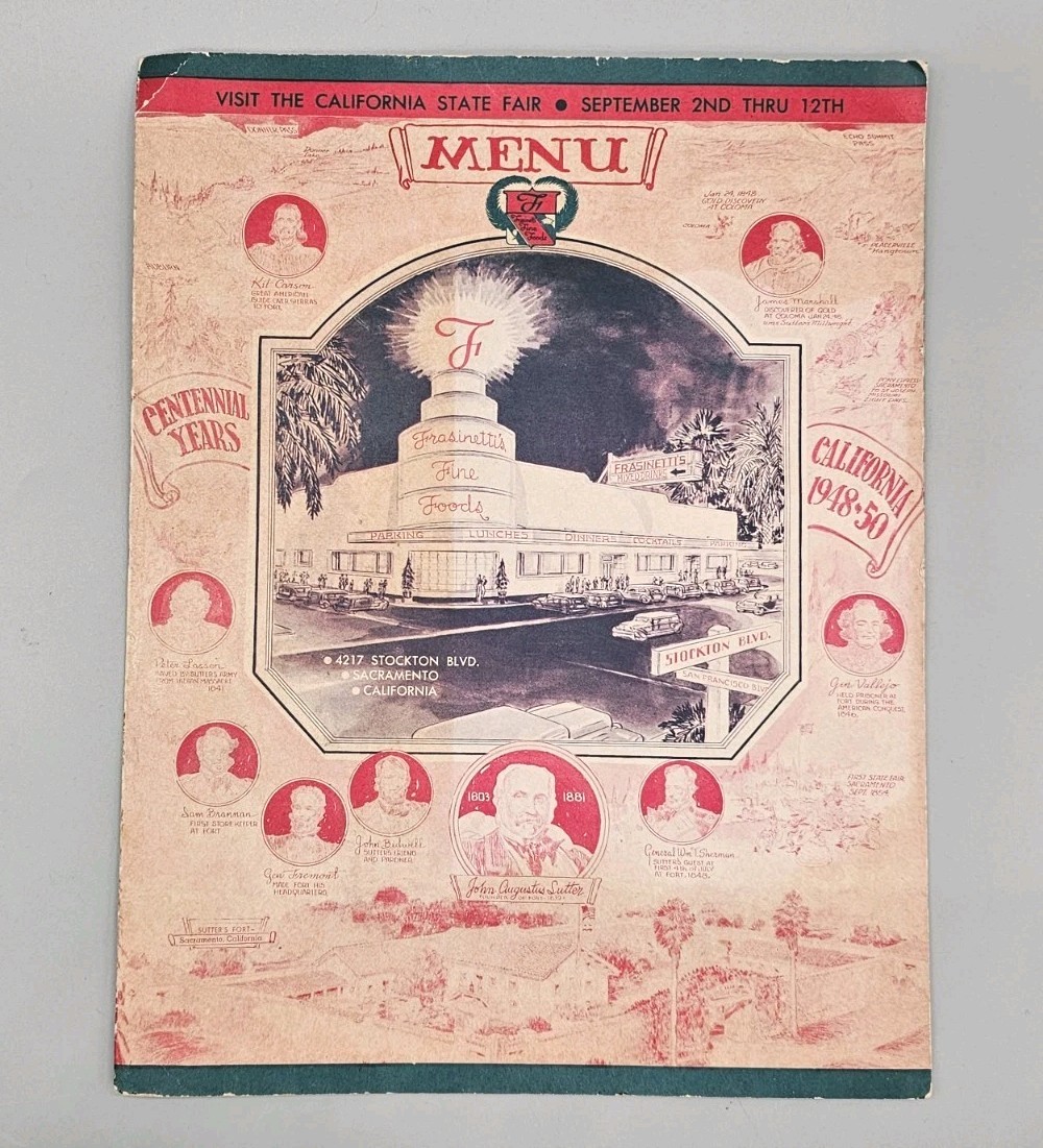 1948 Frasinetti\'s Fine Foods Menu Sacramento CA Centennial Map Illustrated