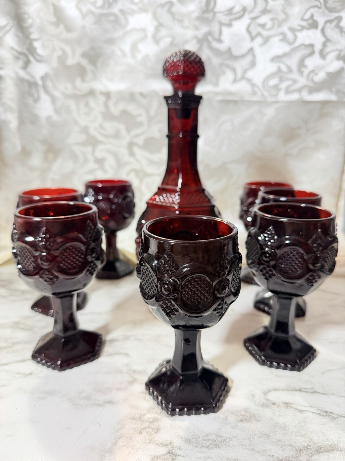 8pc AVON 1876 CAPE COD RUBY RED GLASS 8  4 1/2 In Cordial WINE GOBLETS (3390)