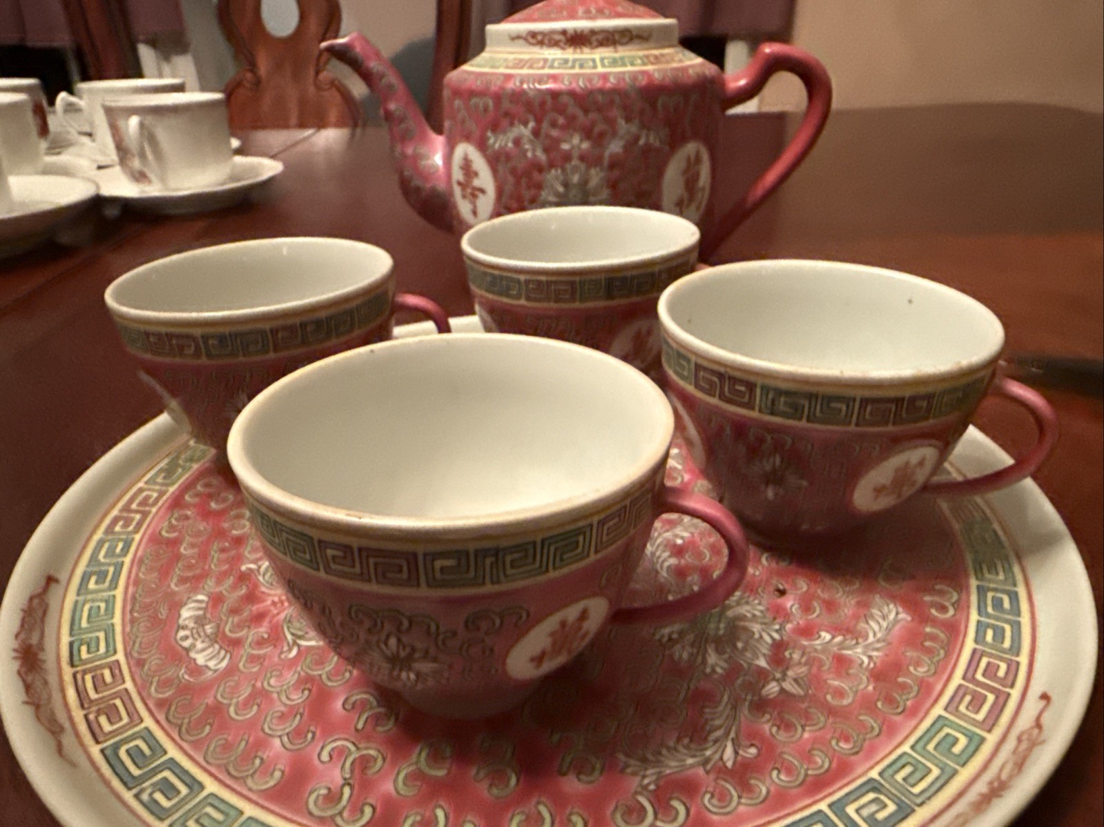 Vintage Chinese Famille Rose Mun Shou Longevity Tea Set  Set Of 6