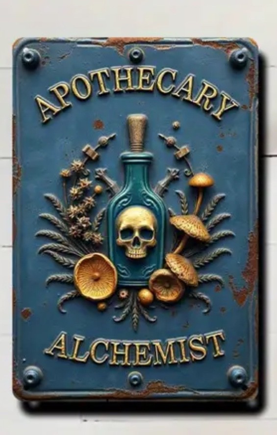 Apothecary Alchemist Metal Sign with Skull, Mushrooms-Herbal Remedies NEW 8 x 12
