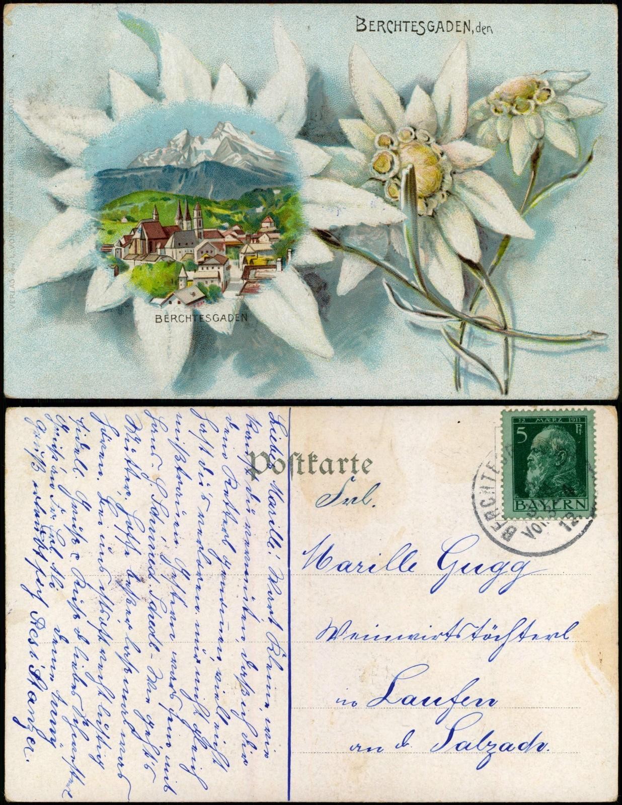 Postcard Berchtesgaden city Edelweiss litho postcard 1912 Postcard Berchtesgaden city Edelweiss litho postcard 1912