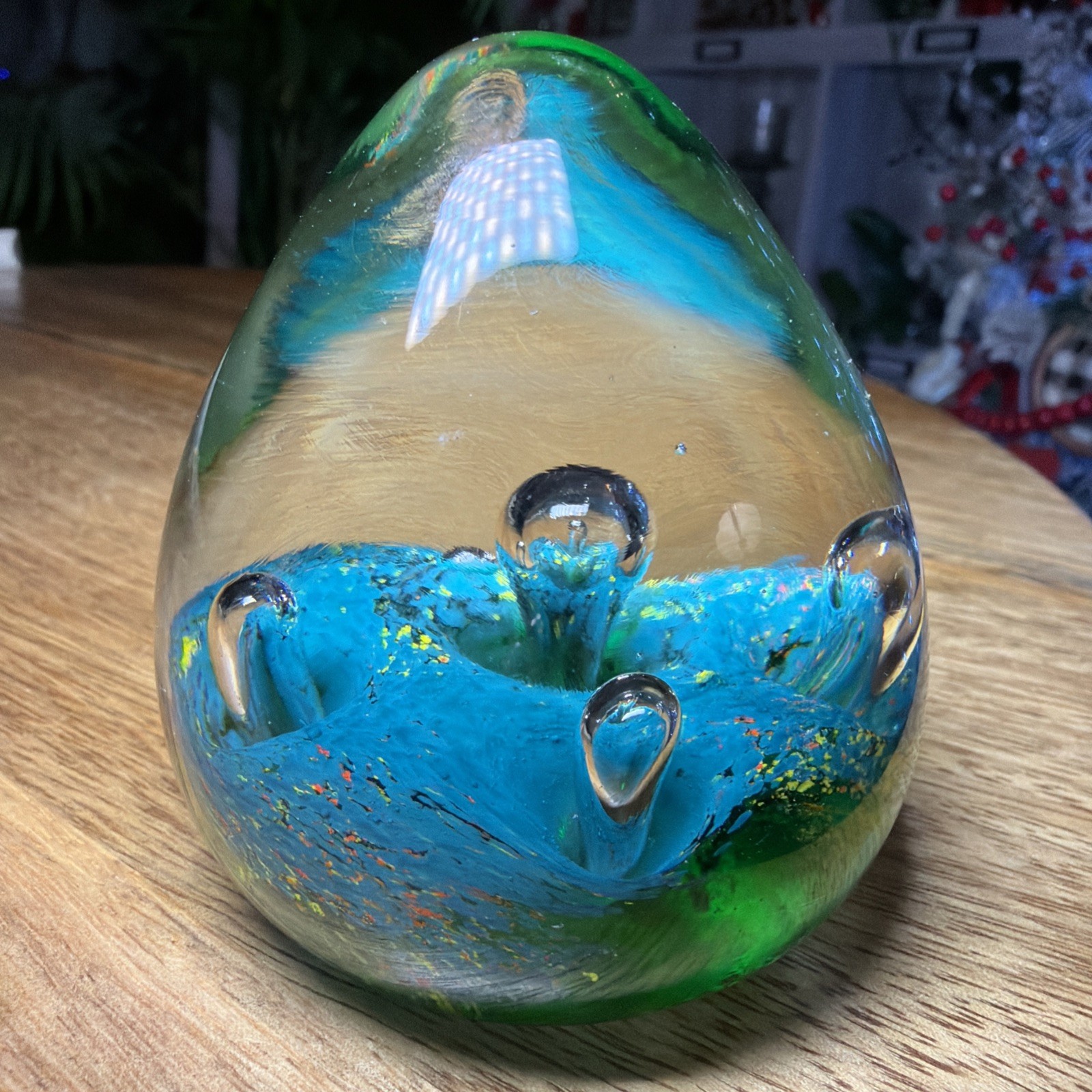 Vintage Art Glass Paperweight Egg Shape Dancing Bubbles Sea Ocean