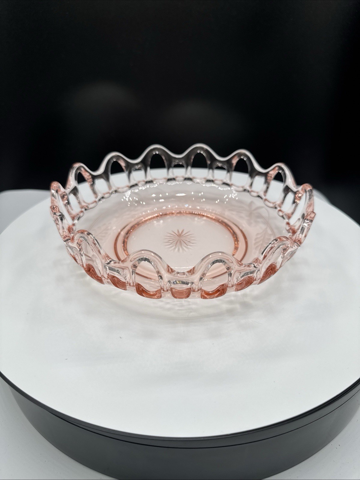 Vintage Pink Elegant Glass Bowl Etched Floral Open Lace Rim Starburst 8”