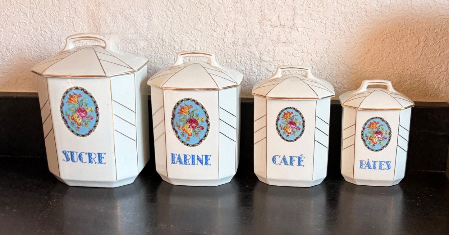 VINTAGE SET 4 CERAMIC FRENCH ART DECO STYLE CANISTERS CAFE SUCRE FARINE PATES VINTAGE SET 4 CERAMIC FRENCH ART DECO STYLE CANISTERS CAFE SUCRE FARINE PATES