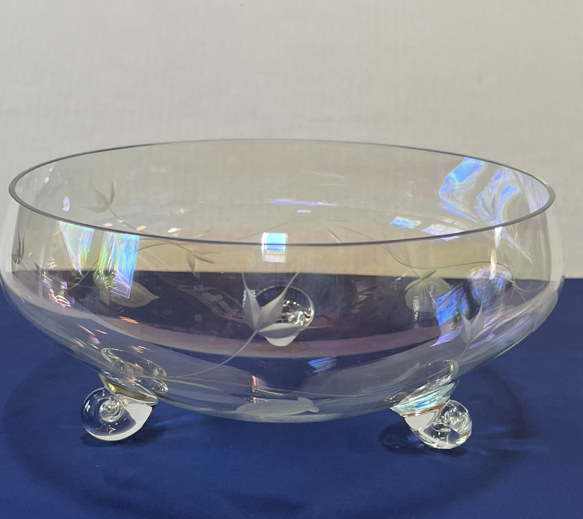 Etched Crystal Three Footed Bowl Floral Leaf Design Clear Glass