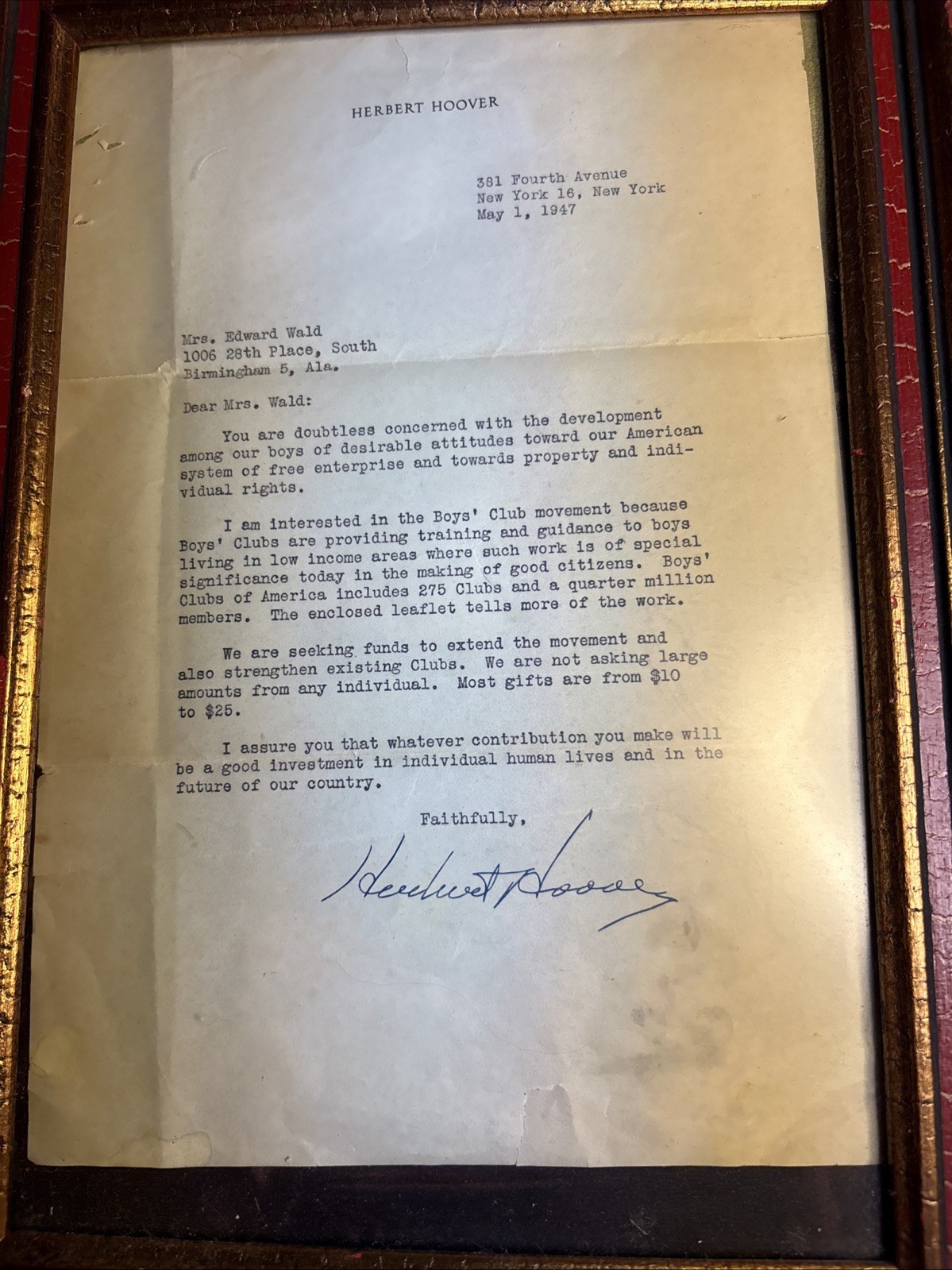 President Herbert Hoover Signed Letter
