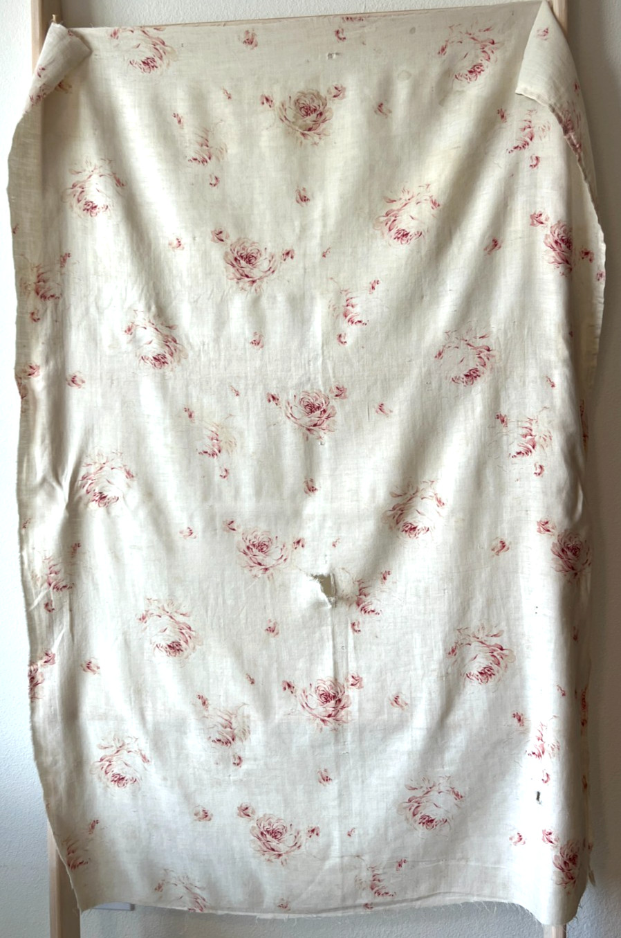 Antique 1920's Shabby Pink Roses Cotton Panel Fabric Large Scale