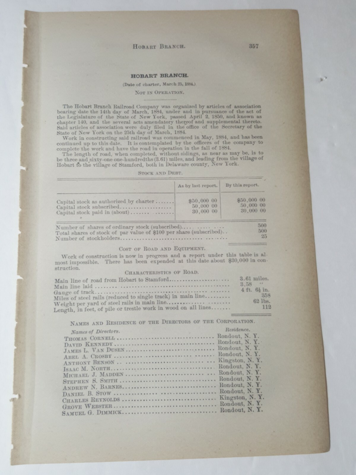1885 rare train document HOBART BRANCH RAILROAD COMPANY Stamford New York