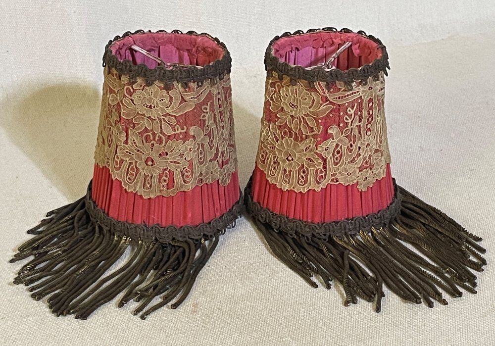 2 Antique 1920s French Boudoir Silk Lamp Shades Lace Metallic Fringe Trim