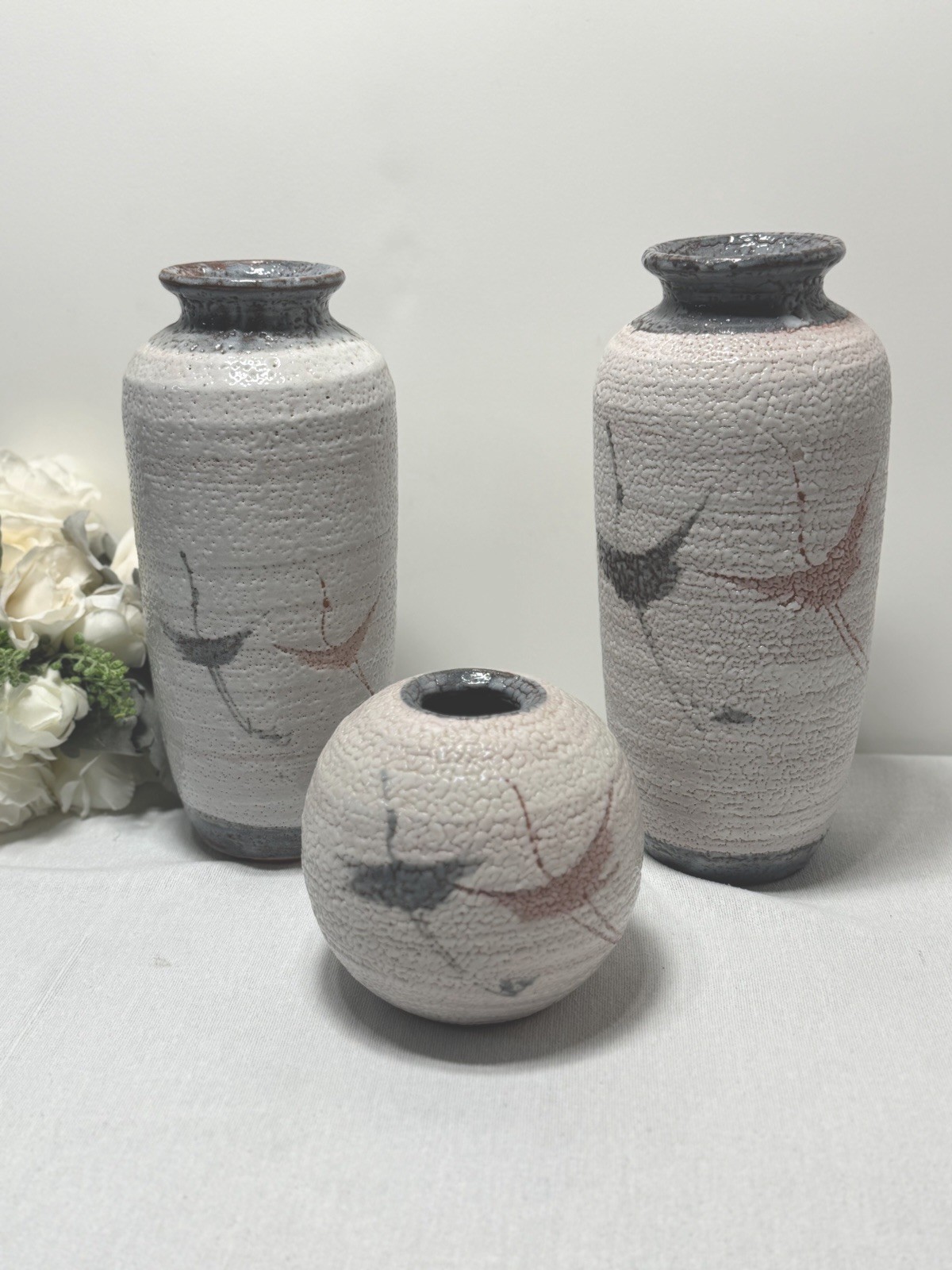 Set 3 Japanese Shino Art Pottery Vase Kikyoya Kiln Kosaburo V Crane MCM 12.25”
