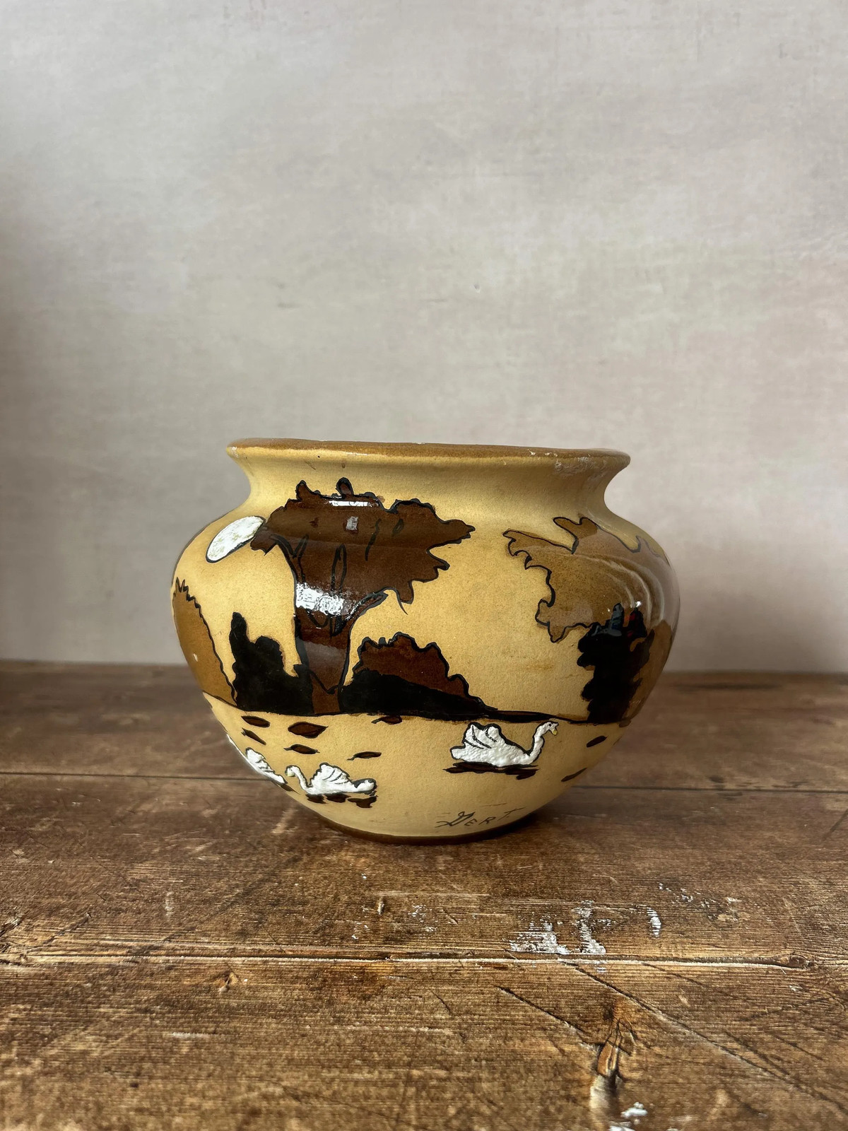 Vintage Earthenware Handpainted and Signed Planter Vase - Swan Plant Pot