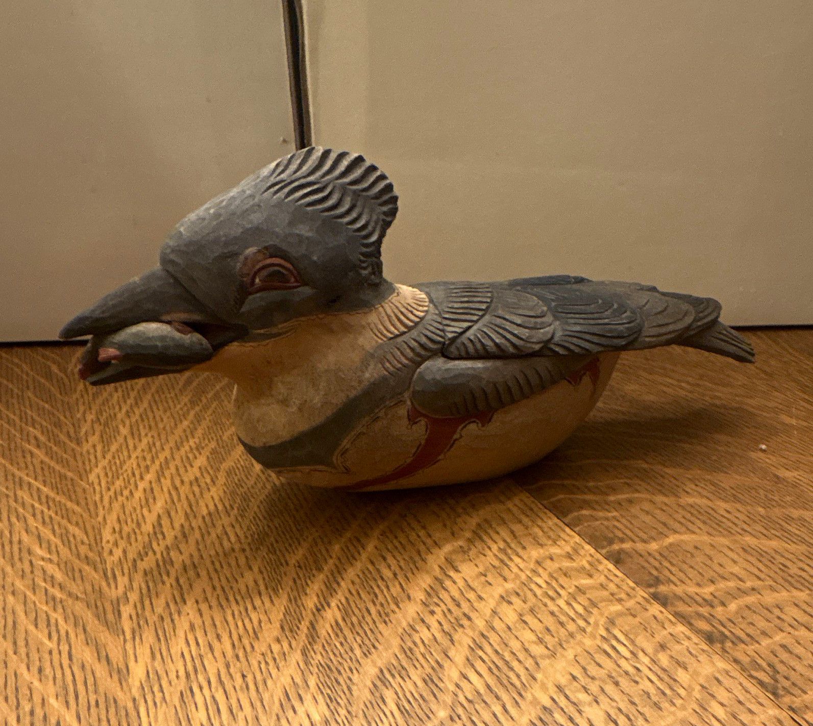 Hand-Carved Painted Wooden Belted Kingfisher Bird Figurine 11” Handmade