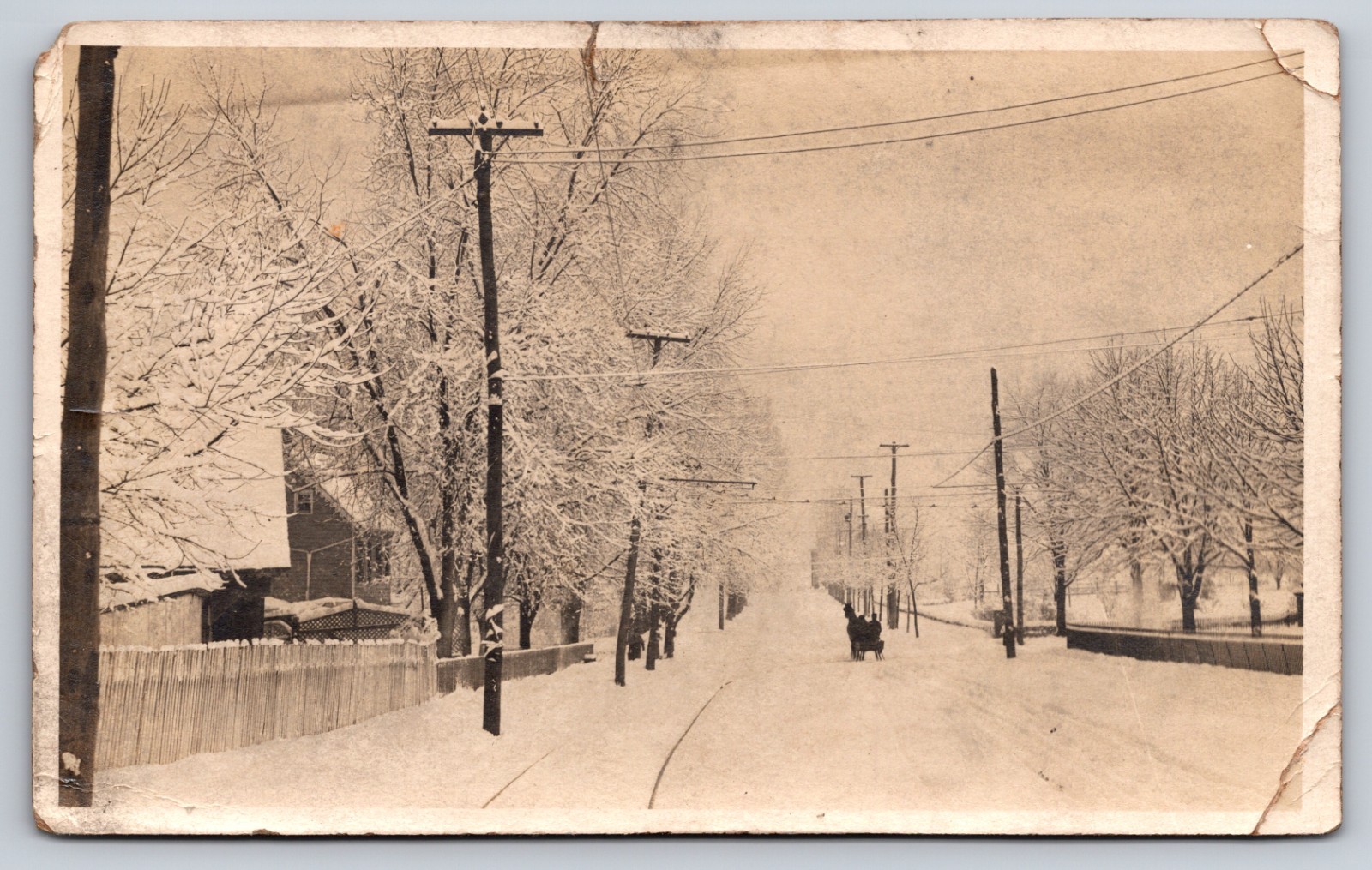 Wintry Street Scene with Adapted Horse Sleigh Carriage Riders & Pedestrian RPPC